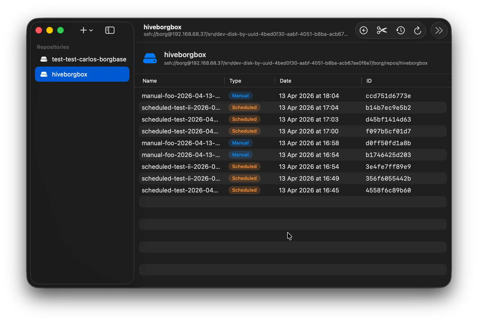 borgmac main window showing a list of backup archives
